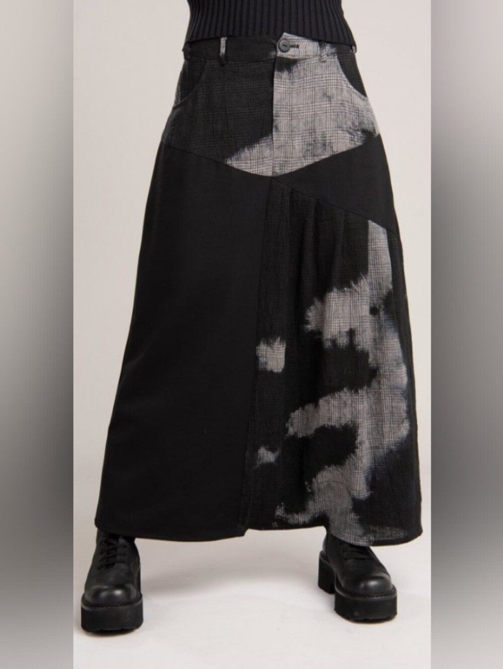 Elsewhere Black Plaid Tie-Dye A-Line Maxi Skirt XS Emo Urban